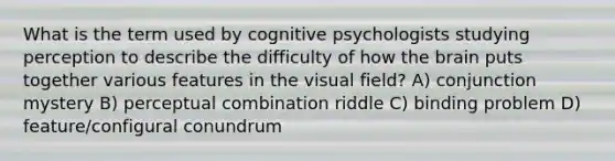 What is the term used by cognitive psychologists studying perception to describe the difficulty of how the brain puts together various features in the visual field? A) conjunction mystery B) perceptual combination riddle C) binding problem D) feature/configural conundrum