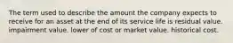 The term used to describe the amount the company expects to receive for an asset at the end of its service life is residual value. impairment value. lower of cost or market value. historical cost.