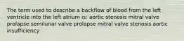 The term used to describe a backflow of blood from the left ventricle into the left atrium is: aortic stenosis mitral valve prolapse semilunar valve prolapse mitral valve stenosis aortic insufficiency