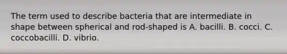 The term used to describe bacteria that are intermediate in shape between spherical and rod-shaped is A. bacilli. B. cocci. C. coccobacilli. D. vibrio.