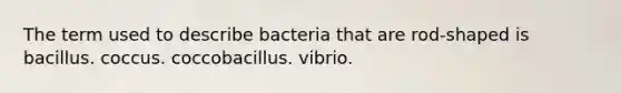 The term used to describe bacteria that are rod-shaped is bacillus. coccus. coccobacillus. vibrio.