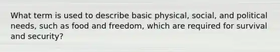 What term is used to describe basic physical, social, and political needs, such as food and freedom, which are required for survival and security?