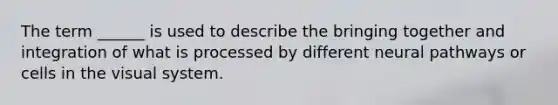 The term ______ is used to describe the bringing together and integration of what is processed by different neural pathways or cells in the visual system.