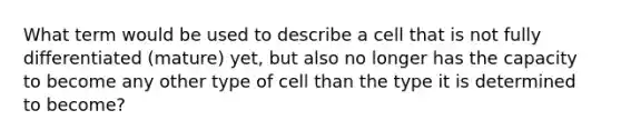 What term would be used to describe a cell that is not fully differentiated (mature) yet, but also no longer has the capacity to become any other type of cell than the type it is determined to become?