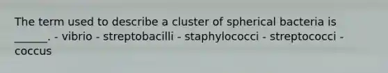 The term used to describe a cluster of spherical bacteria is ______. - vibrio - streptobacilli - staphylococci - streptococci - coccus