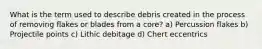 What is the term used to describe debris created in the process of removing flakes or blades from a core? a) Percussion flakes b) Projectile points c) Lithic debitage d) Chert eccentrics