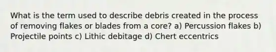 What is the term used to describe debris created in the process of removing flakes or blades from a core? a) Percussion flakes b) Projectile points c) Lithic debitage d) Chert eccentrics