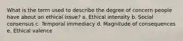 What is the term used to describe the degree of concern people have about an ethical issue? a. Ethical intensity b. Social consensus c. Temporal immediacy d. Magnitude of consequences e. Ethical valence