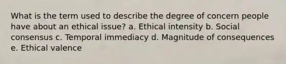 What is the term used to describe the degree of concern people have about an ethical issue? a. Ethical intensity b. Social consensus c. Temporal immediacy d. Magnitude of consequences e. Ethical valence