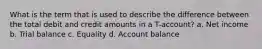 What is the term that is used to describe the difference between the total debit and credit amounts in a T-account? a. Net income b. Trial balance c. Equality d. Account balance