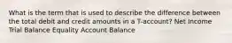 What is the term that is used to describe the difference between the total debit and credit amounts in a T-account? Net Income Trial Balance Equality Account Balance