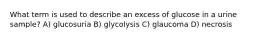 What term is used to describe an excess of glucose in a urine sample? A) glucosuria B) glycolysis C) glaucoma D) necrosis