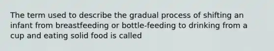 The term used to describe the gradual process of shifting an infant from breastfeeding or bottle-feeding to drinking from a cup and eating solid food is called