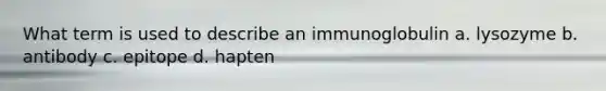 What term is used to describe an immunoglobulin a. lysozyme b. antibody c. epitope d. hapten