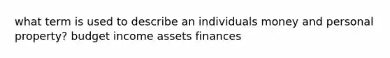 what term is used to describe an individuals money and personal property? budget income assets finances