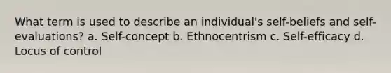 What term is used to describe an individual's self-beliefs and self-evaluations? a. Self-concept b. Ethnocentrism c. Self-efficacy d. Locus of control