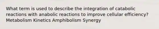 What term is used to describe the integration of catabolic reactions with anabolic reactions to improve cellular efficiency? Metabolism Kinetics Amphibolism Synergy