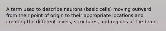 A term used to describe neurons (basic cells) moving outward from their point of origin to their appropriate locations and creating the different levels, structures, and regions of the brain.