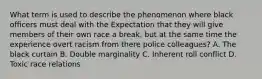 What term is used to describe the phenomenon where black officers must deal with the Expectation that they will give members of their own race a break, but at the same time the experience overt racism from there police colleagues? A. The black curtain B. Double marginality C. Inherent roll conflict D. Toxic race relations