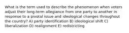 What is the term used to describe the phenomenon when voters adjust their long-term allegiance from one party to another in response to a pivotal issue and ideological changes throughout the country? A) party identification B) ideological shift C) liberalization D) realignment E) redistricting