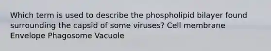 Which term is used to describe the phospholipid bilayer found surrounding the capsid of some viruses? Cell membrane Envelope Phagosome Vacuole