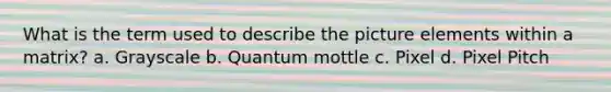 What is the term used to describe the picture elements within a matrix? a. Grayscale b. Quantum mottle c. Pixel d. Pixel Pitch