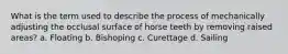 What is the term used to describe the process of mechanically adjusting the occlusal surface of horse teeth by removing raised areas? a. Floating b. Bishoping c. Curettage d. Sailing