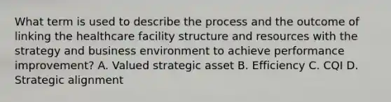 What term is used to describe the process and the outcome of linking the healthcare facility structure and resources with the strategy and business environment to achieve performance improvement? A. Valued strategic asset B. Efficiency C. CQI D. Strategic alignment