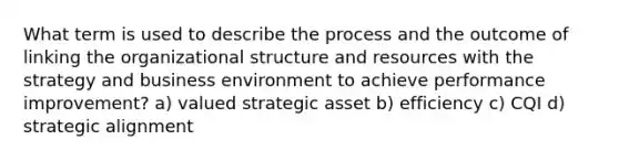 What term is used to describe the process and the outcome of linking the organizational structure and resources with the strategy and business environment to achieve performance improvement? a) valued strategic asset b) efficiency c) CQI d) strategic alignment