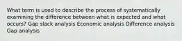 What term is used to describe the process of systematically examining the difference between what is expected and what occurs? Gap slack analysis Economic analysis Difference analysis Gap analysis