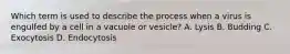 Which term is used to describe the process when a virus is engulfed by a cell in a vacuole or vesicle? A. Lysis B. Budding C. Exocytosis D. Endocytosis