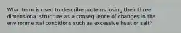 What term is used to describe proteins losing their three dimensional structure as a consequence of changes in the environmental conditions such as excessive heat or salt?