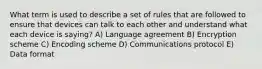 What term is used to describe a set of rules that are followed to ensure that devices can talk to each other and understand what each device is saying? A) Language agreement B) Encryption scheme C) Encoding scheme D) Communications protocol E) Data format