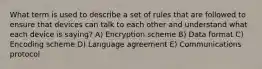 What term is used to describe a set of rules that are followed to ensure that devices can talk to each other and understand what each device is saying? A) Encryption scheme B) Data format C) Encoding scheme D) Language agreement E) Communications protocol