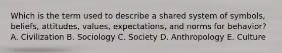 Which is the term used to describe a shared system of​ symbols, beliefs,​ attitudes, values,​ expectations, and norms for​ behavior? A. Civilization B. Sociology C. Society D. Anthropology E. Culture