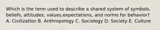 Which is the term used to describe a shared system of​ symbols, beliefs,​ attitudes, values,​expectations, and norms for​ behavior? A. Civilization B. Anthropology C. Sociology D. Society E. Culture