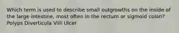Which term is used to describe small outgrowths on the inside of the large intestine, most often in the rectum or sigmoid colon? Polyps Diverticula Villi Ulcer