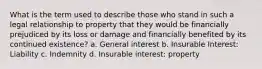 What is the term used to describe those who stand in such a legal relationship to property that they would be financially prejudiced by its loss or damage and financially benefited by its continued existence? a. General interest b. Insurable Interest: Liability c. Indemnity d. Insurable interest: property