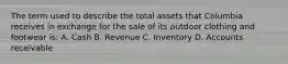 The term used to describe the total assets that Columbia receives in exchange for the sale of its outdoor clothing and footwear is: A. Cash B. Revenue C. Inventory D. Accounts receivable