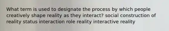 What term is used to designate the process by which people creatively shape reality as they interact? social construction of reality status interaction role reality interactive reality