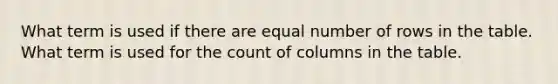 What term is used if there are equal number of rows in the table. What term is used for the count of columns in the table.