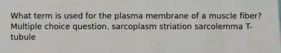 What term is used for the plasma membrane of a muscle fiber? Multiple choice question. sarcoplasm striation sarcolemma T-tubule