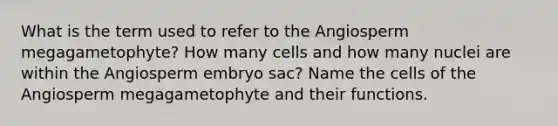 What is the term used to refer to the Angiosperm megagametophyte? How many cells and how many nuclei are within the Angiosperm embryo sac? Name the cells of the Angiosperm megagametophyte and their functions.