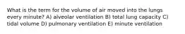 What is the term for the volume of air moved into the lungs every minute? A) alveolar ventilation B) total lung capacity C) tidal volume D) pulmonary ventilation E) minute ventilation