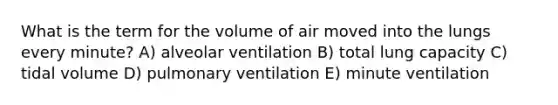 What is the term for the volume of air moved into the lungs every minute? A) alveolar ventilation B) total lung capacity C) tidal volume D) pulmonary ventilation E) minute ventilation