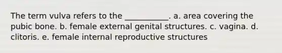 The term vulva refers to the ___________. a. area covering the pubic bone. b. female external genital structures. c. vagina. d. clitoris. e. female internal reproductive structures