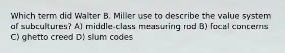 Which term did Walter B. Miller use to describe the value system of subcultures? A) middle-class measuring rod B) focal concerns C) ghetto creed D) slum codes