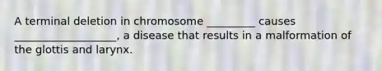 A terminal deletion in chromosome _________ causes ___________________, a disease that results in a malformation of the glottis and larynx.