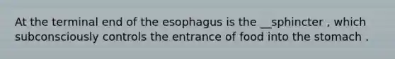 At the terminal end of the esophagus is the __sphincter , which subconsciously controls the entrance of food into the stomach .