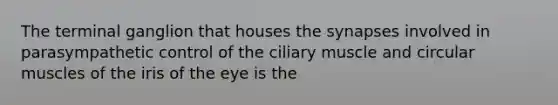 The terminal ganglion that houses the synapses involved in parasympathetic control of the ciliary muscle and circular muscles of the iris of the eye is the